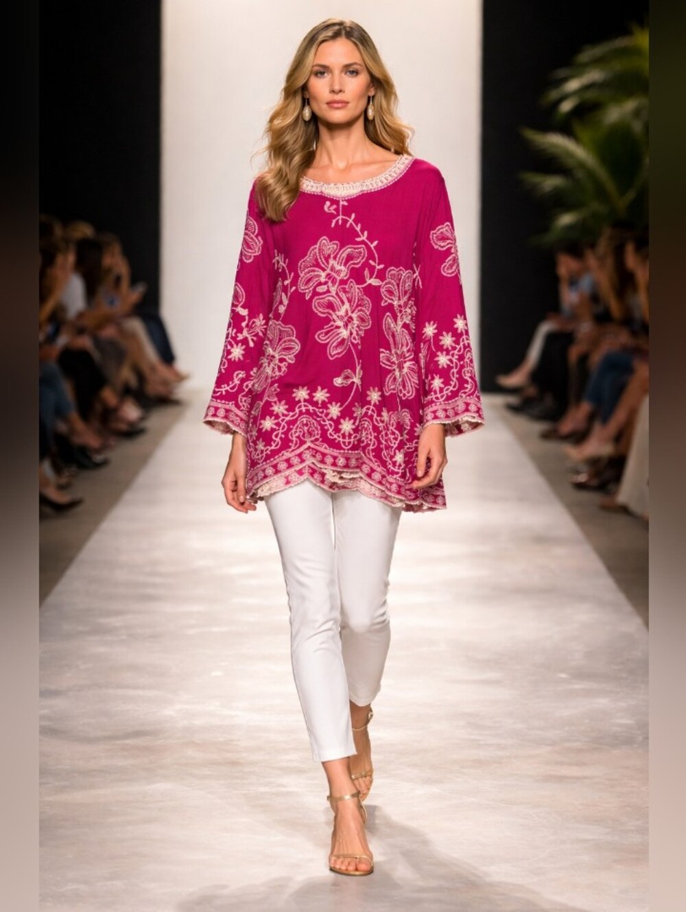 Solitaire Raspberry Tunic with Cream Floral Embroidery